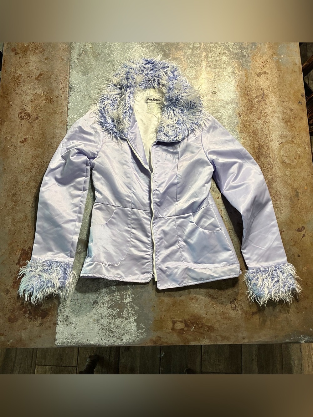 Vintage HairSpray Lavender Faux Fur Trim Y2K Jacket Coat Medium Made in USA